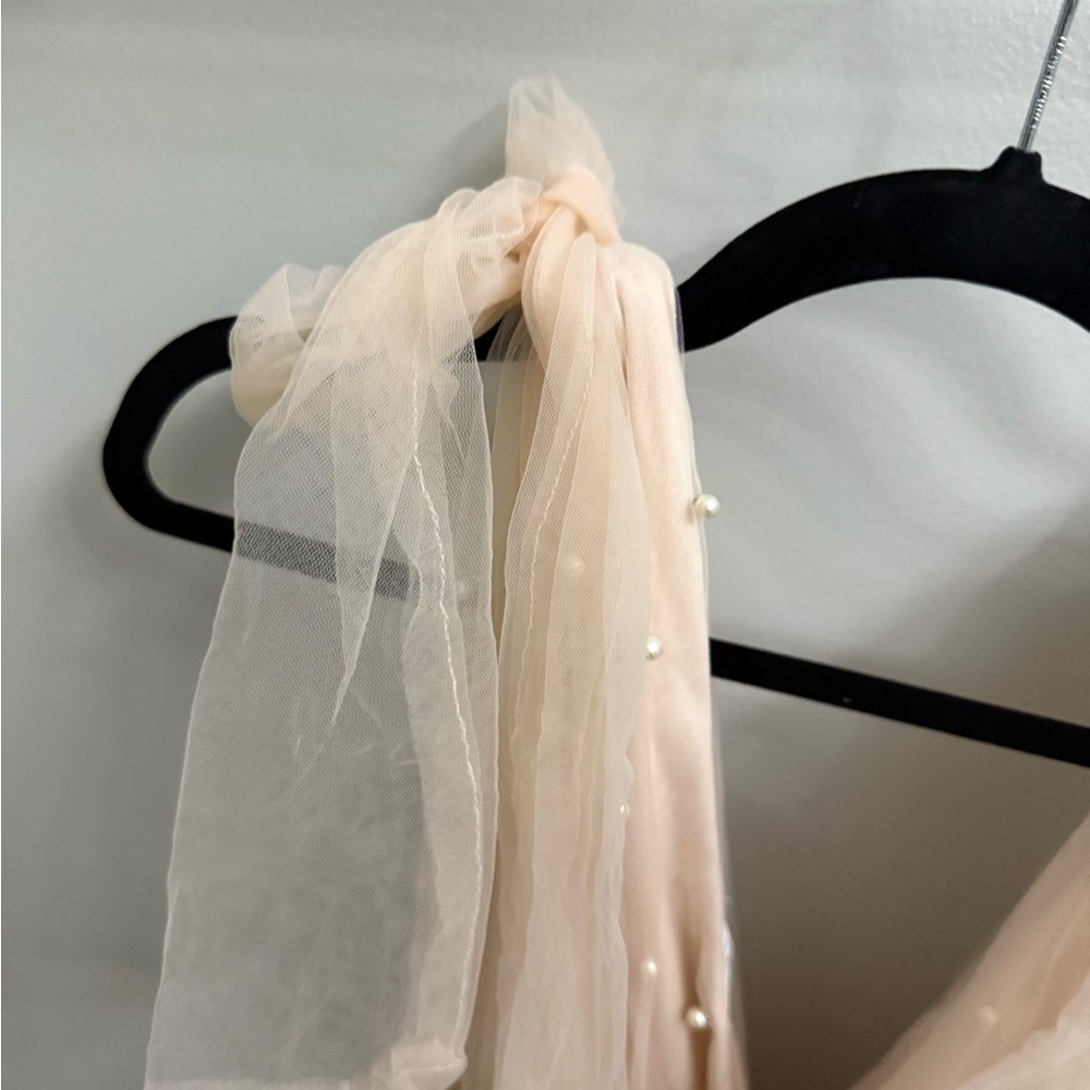 Boutique Nude Pearl-Embellished Tiered Tulle Dress - Picture 5 of 6
